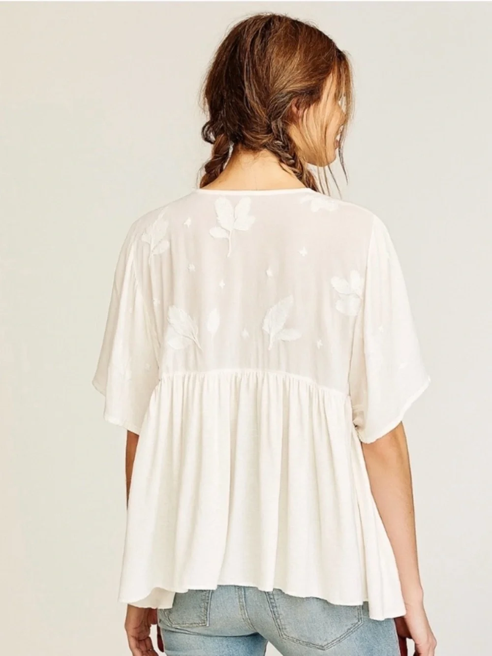 Free People Ivory Embroidered New World Kaftan Top Boho Flowy Festival Vibes XS